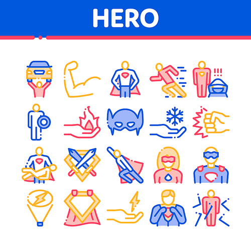 Super Hero Collection Elements Icons Set Vector Thin Line. Hero Superman Silhouette And Woman, Face Mask And Muscle Power Concept Linear Pictograms. Color Contour Illustrations