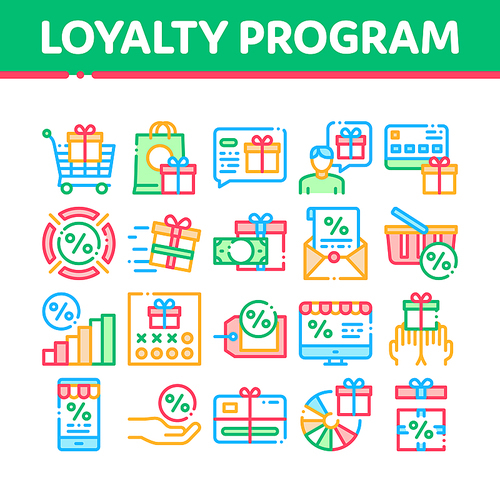 Loyalty Program For Customer Icons Set Vector Thin Line. Human Silhouette And Present In Box Or Bag, Percent Mark And Money Loyalty Program Concept Linear Pictograms. Color Contour Illustrations