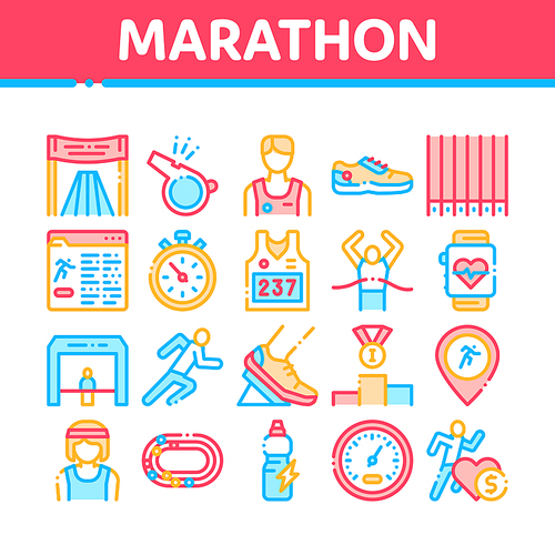 Marathon Collection Elements Icons Set Vector Thin Line. Human Athlete Silhouette Running And Uniform, Sport Stadium For Marathon And Shoe Concept Linear Pictograms. Color Contour Illustrations