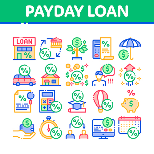 Payday Loan Collection Elements Icons Set Vector Thin Line. Payday Money For Credit Of Car Or House, Education Or Travel Concept Linear Pictograms. Color Contour Illustrations