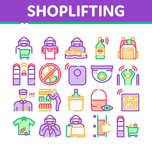 Shoplifting Collection Elements Icons Set Vector Thin Line. Video Camera And Guard Security From Shoplifting, Human Shoplifter Silhouette Concept Linear Pictograms. Color Contour Illustrations