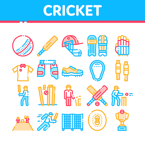 Cricket Game Collection Elements Icons Set Vector Thin Line. Cricket Ball And Bat, T-shirt And Spike Sneakers, Gaming Equipment And Cup Concept Linear Pictograms. Color Contour Illustrations