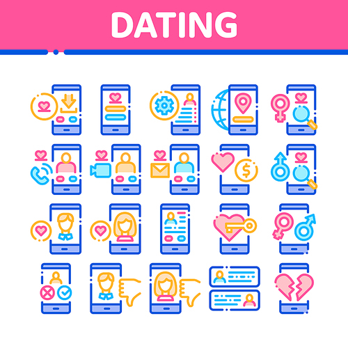 Dating App Collection Elements Icons Set Vector Thin Line. Smartphone Mobile Dating Love Application Concept Linear Pictograms. Profile Avatar, Like And Broken Heart Color Contour Illustrations