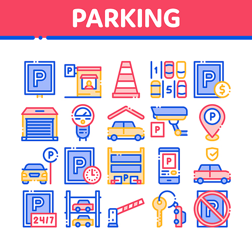 Parking Car Collection Elements Icons Set Vector Thin Line. Garage And Parking Mark, Video Camera And Automatic Barrier, Vehicle And Key Concept Linear Pictograms. Color Contour Illustrations