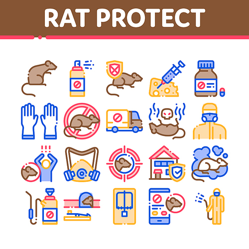Rat Protect Collection Elements Icons Set Vector Thin Line. Rat Control Service, Human Silhouette And Protective Mask, Gloves And Spray Concept Linear Pictograms. Color Contour Illustrations