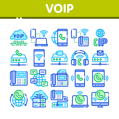 Voip Calling System Collection Icons Set Vector Thin Line. Server For Voice Ip And Cloud, Smartphone And Phone, Wifi Mark And Headphones Concept Linear Pictograms. Color Contour Illustrations