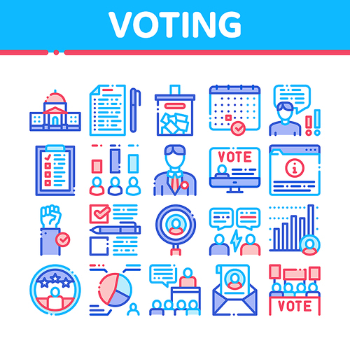 Voting And Election Collection Icons Set Vector Thin Line. Congress Building And Monitor, Calendar And Human Silhouette Democracy Voting Concept Linear Pictograms. Color Contour Illustrations