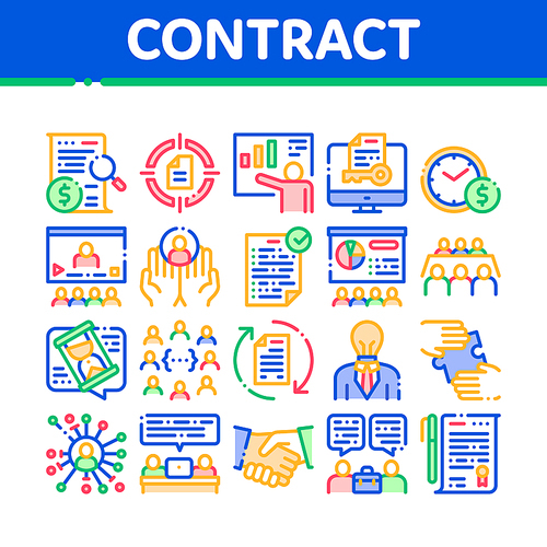 Contract Collection Elements Icons Set Vector Thin Line. Human Silhouette And Hands, Handshake And Agreement Contract Document With Pen Concept Linear Pictograms. Color Contour Illustrations