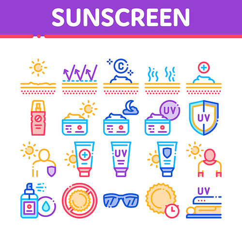 Sunscreen Collection Elements Icons Set Vector Thin Line. Sun Lotion And Medical Cream, Protection Skin And Human Silhouette, Sunscreen Concept Linear Pictograms. Color Contour Illustrations