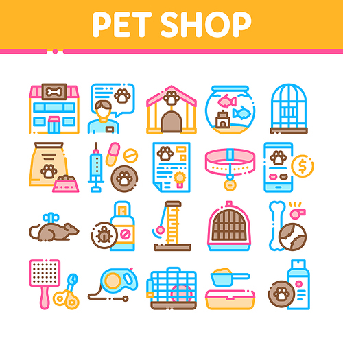 Pet Shop Collection Elements Icons Set Vector Thin Line. Shop Building And Aquarium, Bowl And Collar, Gaming Accessory And Medicaments Concept Linear Pictograms. Color Contour Illustrations