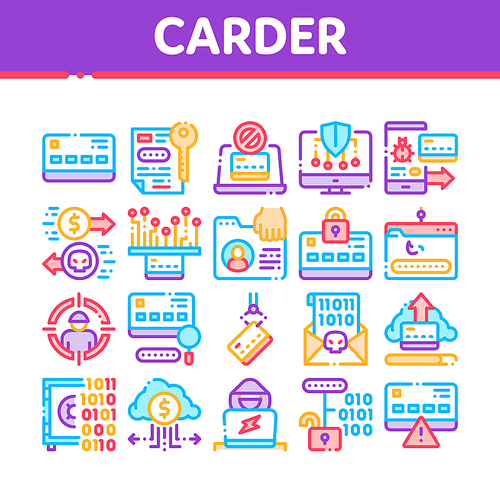 Carder Hacker Collection Elements Icons Set Vector Thin Line. Carder Silhouette And Smartphone, Bug And Fraud Virus, Laptop And Card Concept Linear Pictograms. Color Contour Illustrations