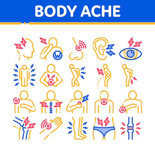 Body Ache Collection Elements Icons Set Vector Thin Line. Headache And Toothache, Backache And Arthritis, Stomach And Muscle Ache, Eye And Foot Pain Linear Pictograms. Color Contour Illustrations