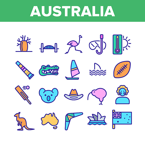 Australia Country Nation Cultural Icons Set Vector Thin Line. Crocodile And Kangaroo, Koala And Parrot, Shark Fin And Flag Of Australia Concept Linear Pictograms. Color Contour Illustrations