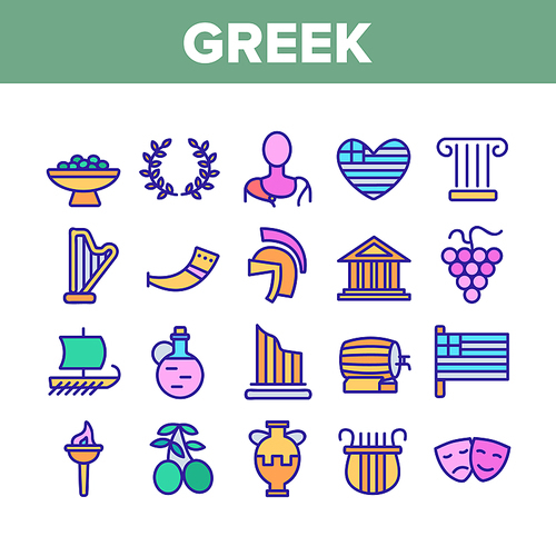 Greek Country Nation Cultural Icons Set Vector Thin Line. Harp And Greek Column, Parthenon And Amphora, Vase And Statue, Olives And Grape Concept Linear Pictograms. Color Contour Illustrations