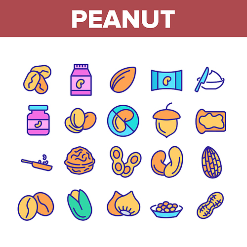 Peanut Food Collection Elements Icons Set Vector Thin Line. Peanut Oil And Butter, Acorn And Hazel, Coffee Beans And Cocoa, Walnut And Nut Concept Linear Pictograms. Color Contour Illustrations