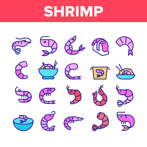 Shrimp Food Collection Elements Icons Set Vector Thin Line. Shrimp Fresh And Cooked, Sushi And Soup, Appetizer And Delicacy Concept Linear Pictograms. Color Illustrations