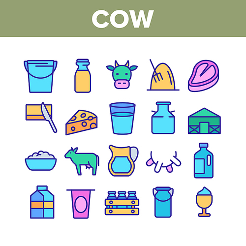Cow Farming Animal Collection Icons Set Vector Thin Line. Cow Meat Steak And Head, Milk Cup And Bottle, Cheese And Butter With Knife Concept Linear Pictograms. Color Contour Illustrations