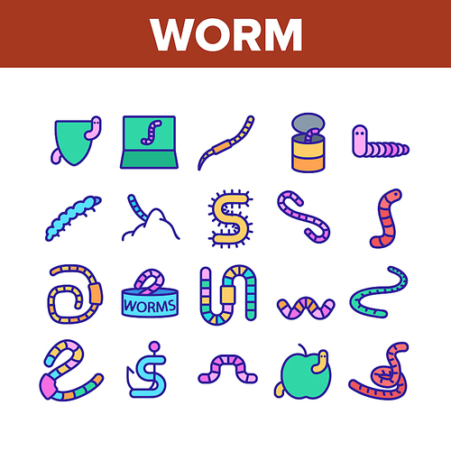Worm Insect Animal Collection Icons Set Vector Thin Line. Worm In Apple And Bait On Fishing Hook, On Shield And In Container Concept Linear Pictograms. Color Contour Illustrations
