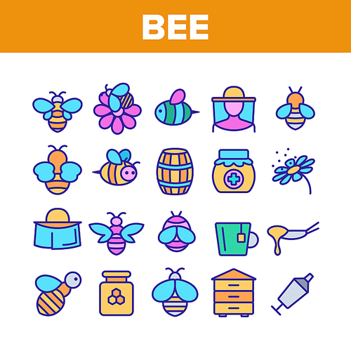 Bee And Honey Collection Elements Icons Set Vector Thin Line. Bee On Flower, Wooden Barrel And Beekeeper Suit And Equipment, Beekeeping Concept Linear Pictograms. Color Illustrations