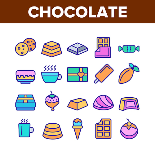 Chocolate Collection Elements Icons Set Vector Thin Line. Chocolate Cookies And Candy, Ice Cream And Cake, Hot Drink And Cocoa Bean Concept Linear Pictograms. Color Illustrations