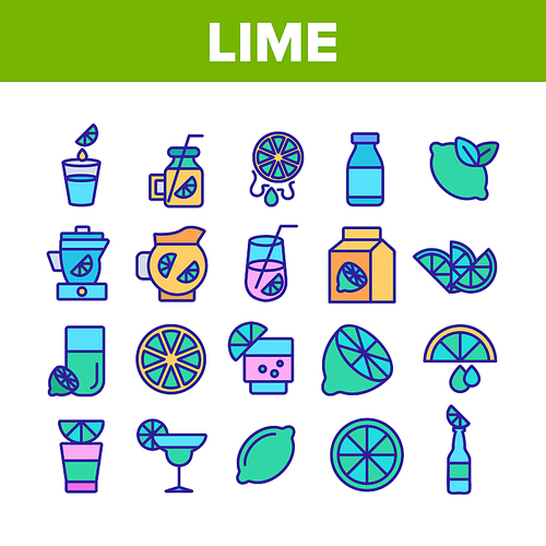Lime Fruit Collection Elements Icons Set Vector Thin Line. Sliced Lime And With Leaves, Citrus Juice And Drink With Lemon Concept Linear Pictograms. Color Illustrations