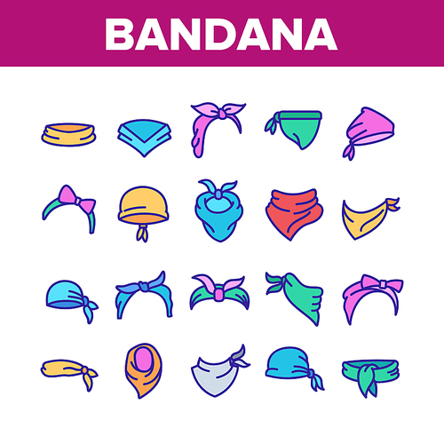 Bandana Hats Collection Elements Icons Set Vector Thin Line. Bandana Windy Hair Dressing, Headband For Woman Hairstyle, Cowboy Face Mask Concept Linear Pictograms. Color Contour Illustrations