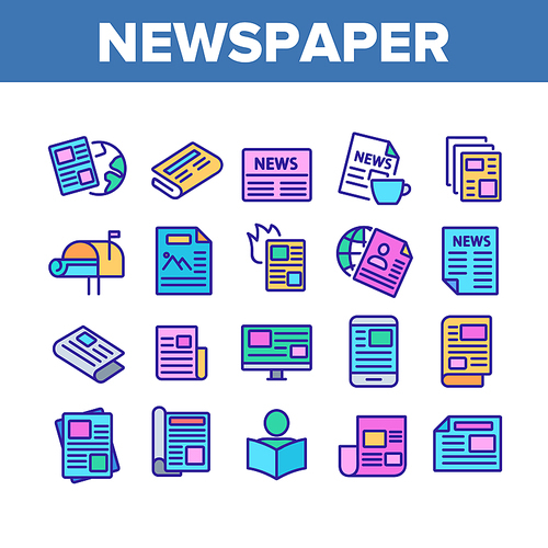 Newspaper Collection Elements Icons Set Vector Thin Line. Human Silhouette Reading Newspaper, World News And Press Article Concept Linear Pictograms. Color Contour Illustrations