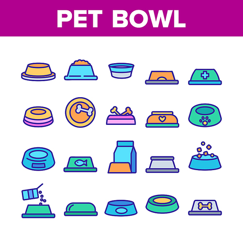 Pet Bowl Collection Elements Icons Set Vector Thin Line. Bowl With Nutrition And Empty, With Bone And Fish, For Water And Food Concept Linear Pictograms. Color Contour Illustrations