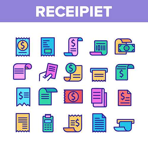 Receipt Bill Collection Elements Icons Set Vector Thin Line. Receipt Invoice With Dollar Mark, Money Banknote And Calculator Concept Linear Pictograms. Color Contour Illustrations