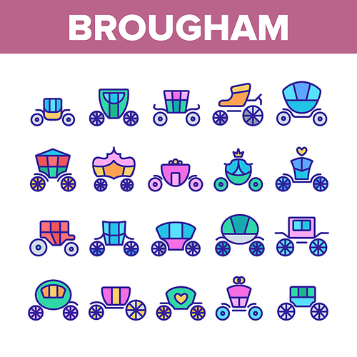 Brougham Collection Elements Icons Set Vector Thin Line. Classical Antique Coach And Elegance Carriage, Luxury Brougham Princess Transport Concept Linear Pictograms. Color Illustrations