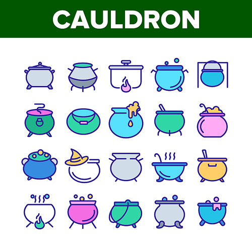 Cauldron Collection Elements Icons Set Vector Thin Line. Cauldron On Flame Campfire And With Bubbles, With Foam And Witch Hat Concept Linear Pictograms. Color Illustrations