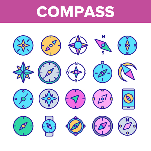 Compass Navigation Collection Icons Set Vector Thin Line. Compass Map Navigate Equipment And Cartography Mark Concept Linear Pictograms. Traveler Device Color Illustrations