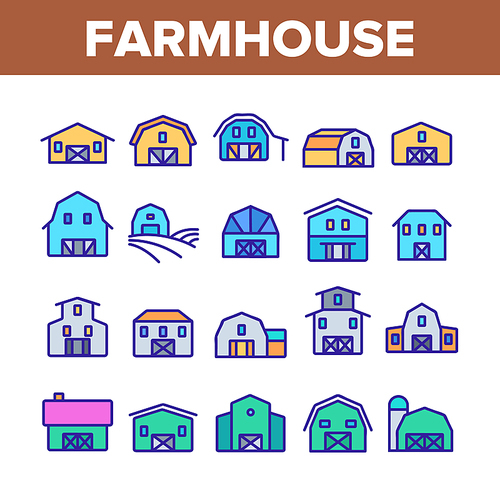 Farmhouse Collection Elements Icons Set Vector Thin Line. Barn, Farmhouse And Farm Building, Storage For Agricultural Product Concept Linear Pictograms. Color Illustrations