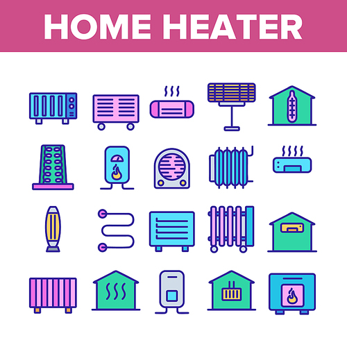 Home Heater Collection Elements Icons Set Vector Thin Line. Home Heater, Heating System Equipment, Radiator And Electric Warm Floor Concept Linear Pictograms. Color Illustrations