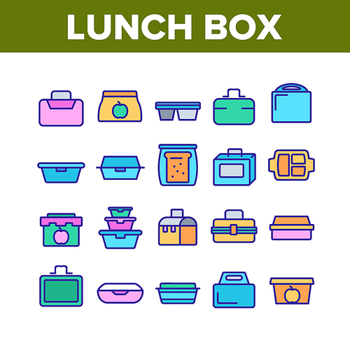 Lunch Box Collection Elements Icons Set Vector Thin Line. Plastic School Lunch Box And Container For Transportation Nutrition Concept Linear Pictograms. Color Illustrations