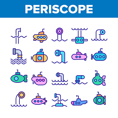 Periscope Collection Elements Icons Set Vector Thin Line. Military Submarine Vision Equipment Periscope, Nautical Boat Device Concept Linear Pictograms. Color Illustrations