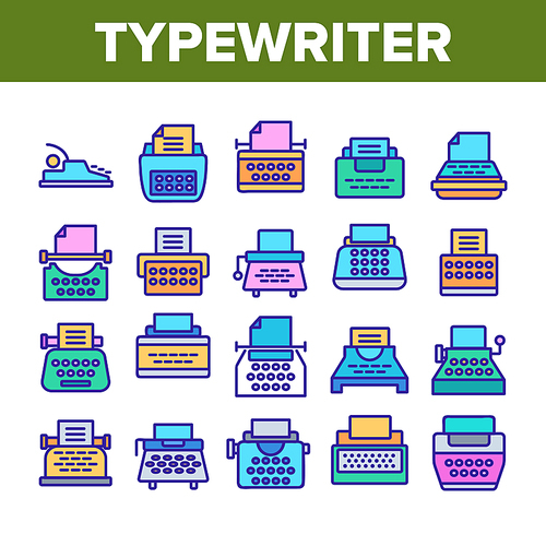 Typewriter Collection Elements Icons Set Vector Thin Line. Retro And Ancient Typewriter Machine For Writer Concept Linear Pictograms. Vintage Technology Color Illustrations