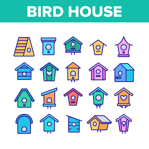 Bird House Collection Elements Icons Set Vector Thin Line. Different Style Wooden Bird House, Shelter For Nestling On Tree Concept Linear Pictograms. Color Contour Illustrations