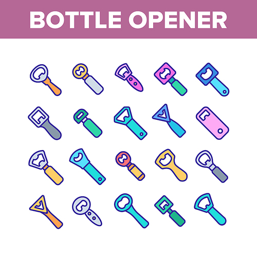 Bottle Opener Collection Elements Icons Set Vector Thin Line. Different Style Metal Cap Container Opener, Bar And Kitchen Utensil Concept Linear Pictograms. Color Contour Illustrations