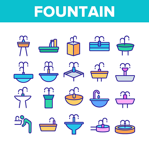 fountain collection icons set vector thin line. different type of decorative public fountain with purified drink water concept linear pictograms. color contour illustrations