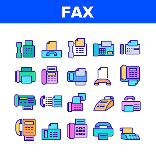 Fax Printer Collection Elements Icons Set Vector Thin Line. Fax Telephonic Office Equipment For Print Message And Document Concept Linear Pictograms. Color Contour Illustrations