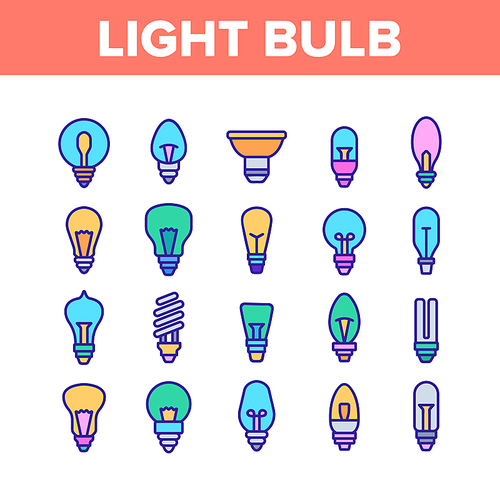 Light Bulb Collection Elements Icons Set Vector Thin Line. Electricity Energy Saving And Incandescent Light Bulb, Led And Fluorescent Lamp Concept Linear Pictograms. Color Contour Illustrations