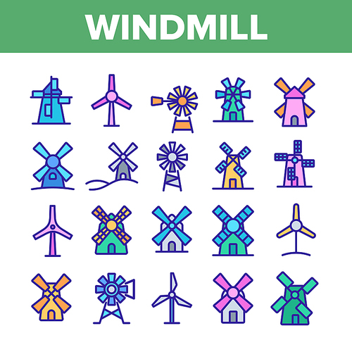 Windmill Building Collection Icons Set Vector Thin Line. Ancient Windmill For Flour Production And Electrical Wind Turbine Concept Linear Pictograms. Color Contour Illustrations