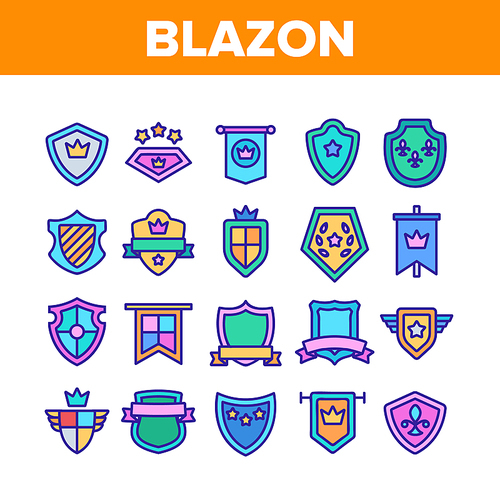 Blazon Shield Shapes Collection Icons Set Vector Thin Line. Medieval And Antique Blazon With Ribbon, Stars And Crown, Blank Kingdom Symbolic Concept Linear Pictograms. Color Illustrations