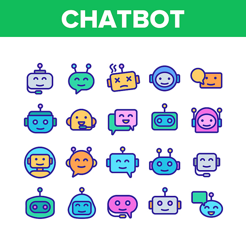 Chatbot Robot Collection Elements Icons Set Vector Thin Line. Artificial Intelligence Chatbot. Communication Message Technology Concept Linear Pictograms. Color Contour Illustrations