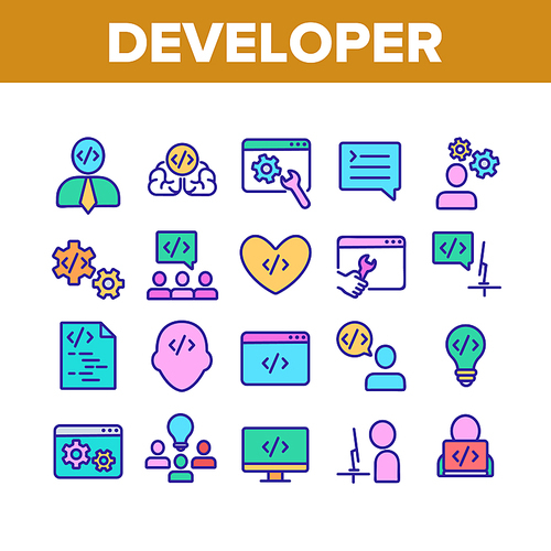 Developer Collection Elements Icons Set Vector Thin Line. Coder Developer And Human Silhouette, Gear And Heart, Light Bulb And Dialog Window Concept Linear Pictograms. Color Contour Illustrations