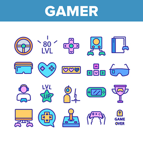 Gamer Device Collection Elements Icons Set Vector Thin Line. Gamer Silhouette With Earphones, Joystick And Video Game Equipment Concept Linear Pictograms. Color Contour Illustrations