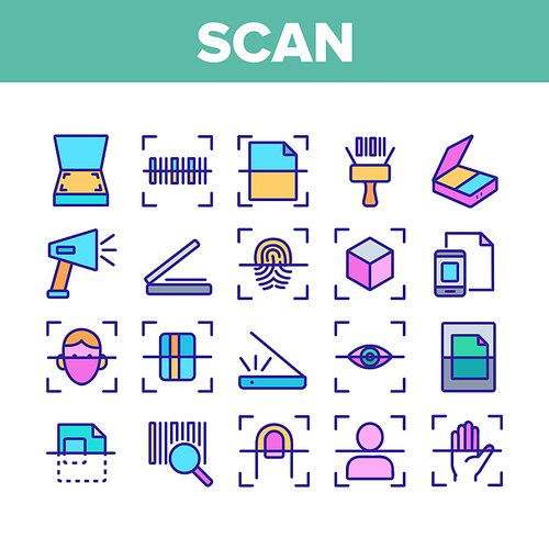 Scan Reading Collection Elements Icons Set Vector Thin Line. Finger And Hand Scan App, Face And Document Scanning Technology Concept Linear Pictograms. Color Contour Illustrations