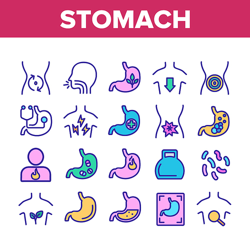 Stomach Organ Collection Elements Icons Set Vector Thin Line. Stomach Healthy And Disease, With Drugs And Flame, Stomachache And Acid Concept Linear Pictograms. Color Contour Illustrations