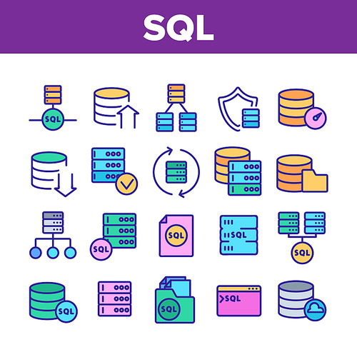 Sql Database Collection Elements Icons Set Vector Thin Line. Sql Computing Internet Security Protection And Networking Technology Concept Linear Pictograms. Color Contour Illustrations